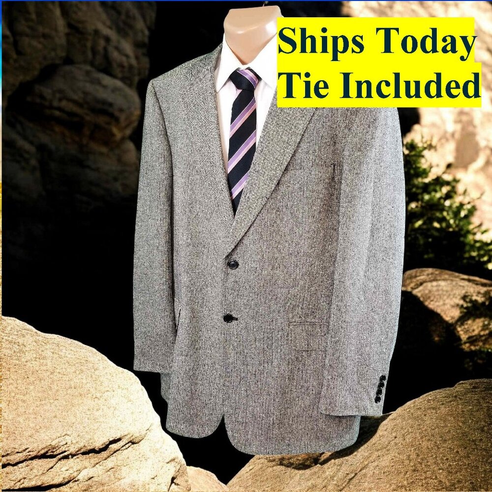 Bert Pulitzer Men's 46L Black Check 100% Silk Blazer Sport Coat & Tie 12624